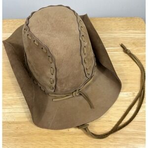 Brown Suede Leather Cowboy Hat Whipstitch Western Chin Strap Rodeo Outback Bush